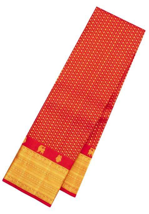 Red Handloom Kanchipuram Silk Saree With Zari Stripes Motifs With Checks And Stripes Design For Women