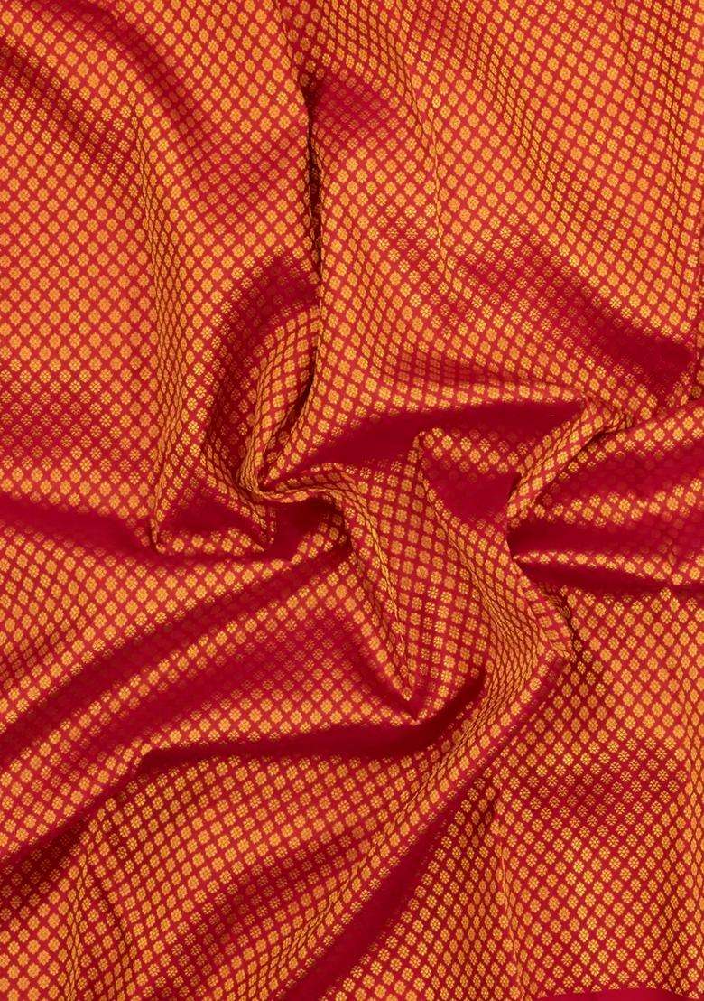 Crimson Handloom Kanchipuram Silk Saree With Floral Zari Motifs With Buttas And Brocade Design For Women - Indya