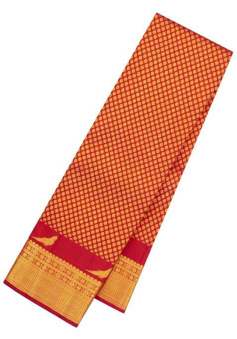 Crimson Handloom Kanchipuram Silk Saree With Floral Zari Motifs With Buttas And Brocade Design For Women