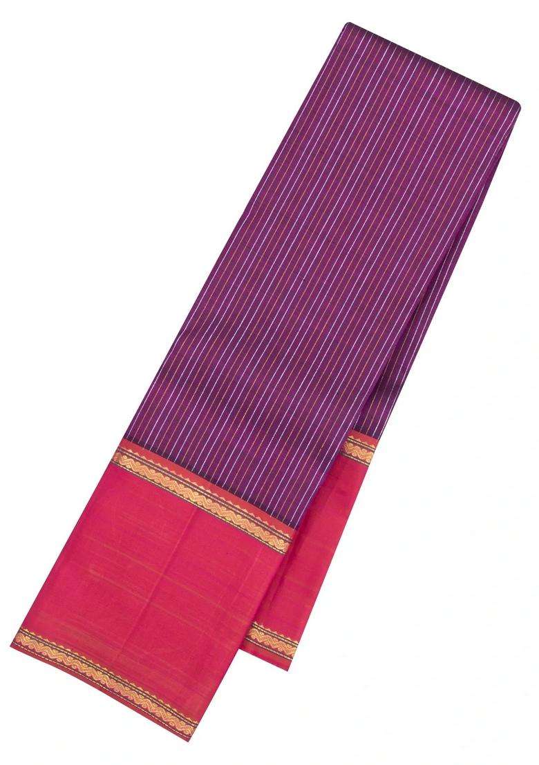 Magenta Handloom Kanchipuram Silk Saree With Zari Stripes With Checks And Stripes Design For Women - Indya