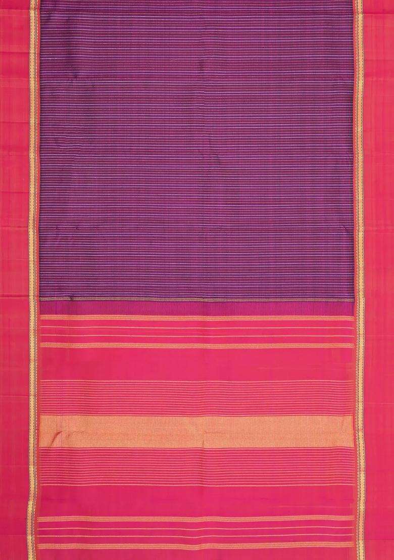 Magenta Handloom Kanchipuram Silk Saree With Zari Stripes With Checks And Stripes Design For Women - Indya