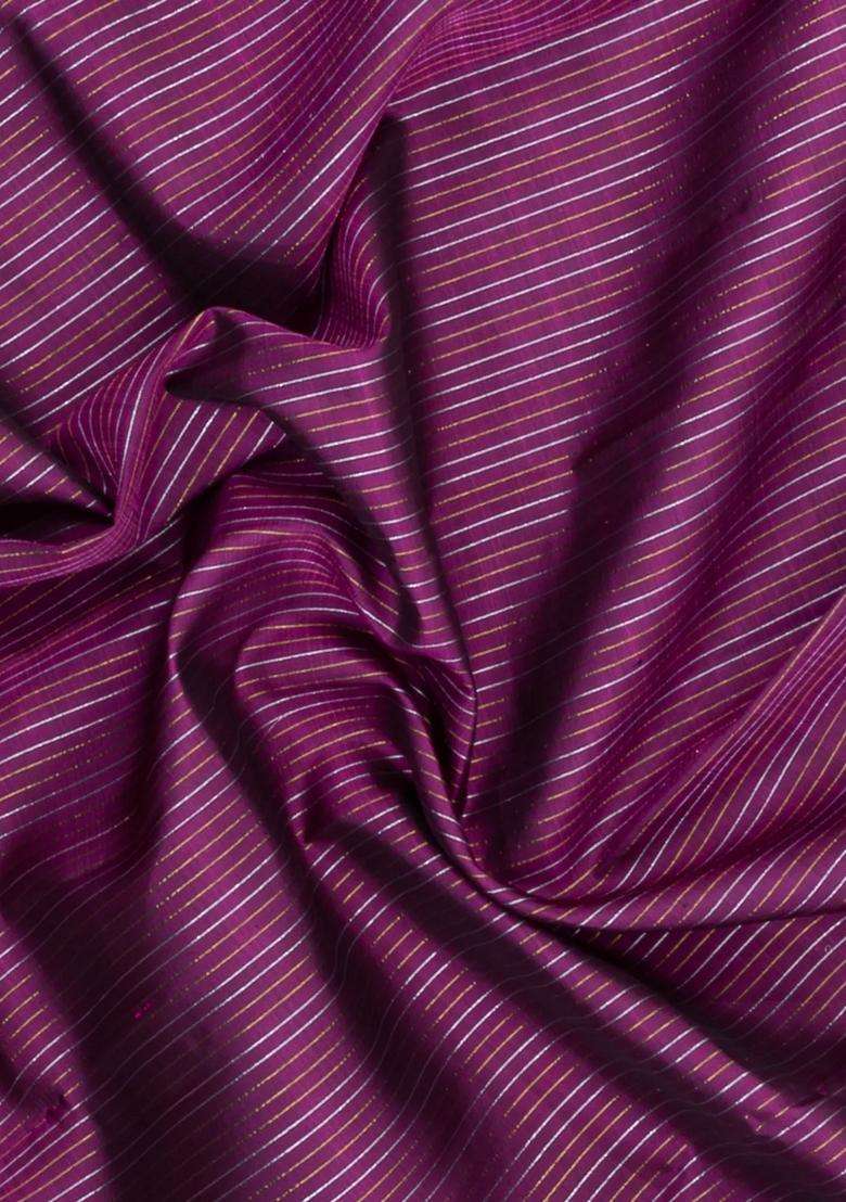 Magenta Handloom Kanchipuram Silk Saree With Zari Stripes With Checks And Stripes Design For Women - Indya