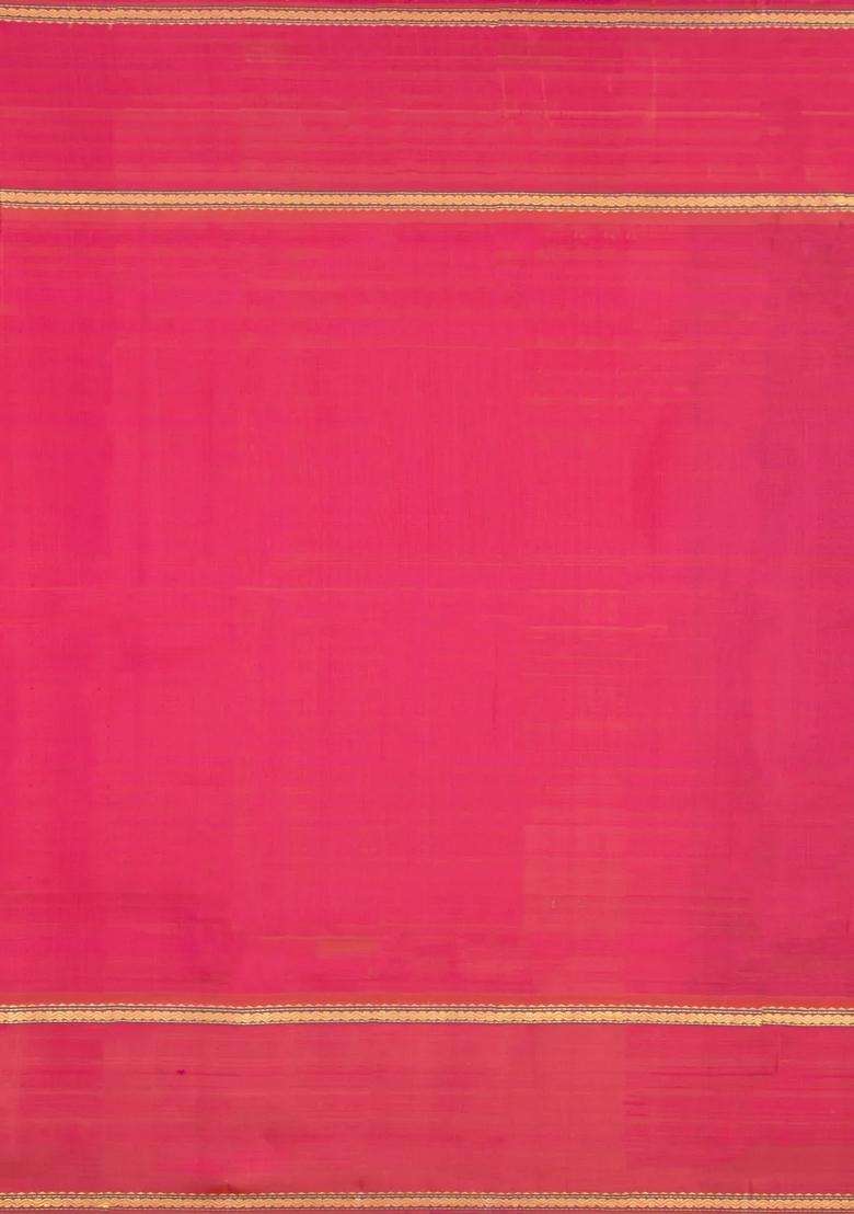 Magenta Handloom Kanchipuram Silk Saree With Zari Stripes With Checks And Stripes Design For Women - Indya