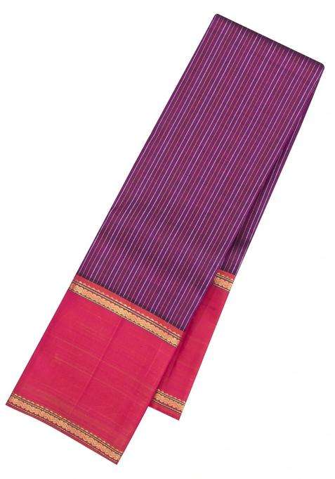 Magenta Handloom Kanchipuram Silk Saree With Zari Stripes With Checks And Stripes Design For Women