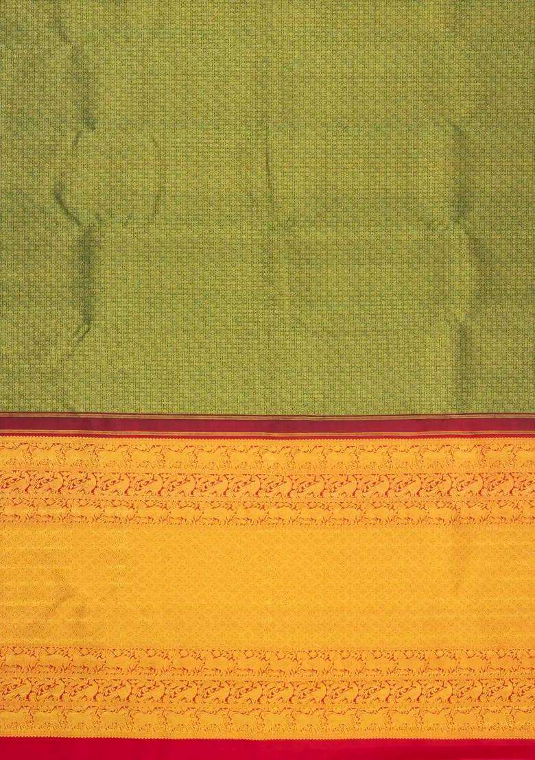 Grey Green Handloom Korvai Kanchipuram Silk Saree With Zari Motifs With Korvai And Temple Border Design For Women - Indya