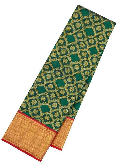 Dark Green Handloom Korvai Kanchipuram Silk Saree With Floral Zari Motifs With Korvai And Temple Border Design For Women