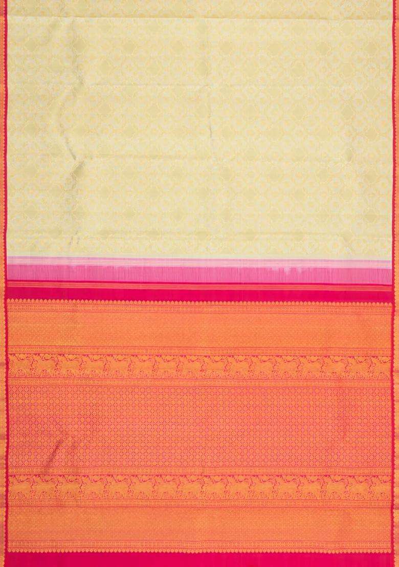 Cream Handloom Korvai Kanchipuram Silk Saree With Floral Zari Motifs With Korvai And Temple Border Design For Women - Indya