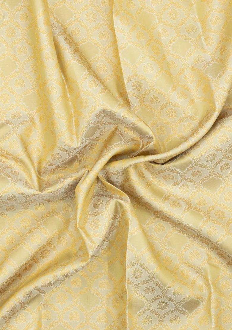 Cream Handloom Korvai Kanchipuram Silk Saree With Floral Zari Motifs With Korvai And Temple Border Design For Women - Indya