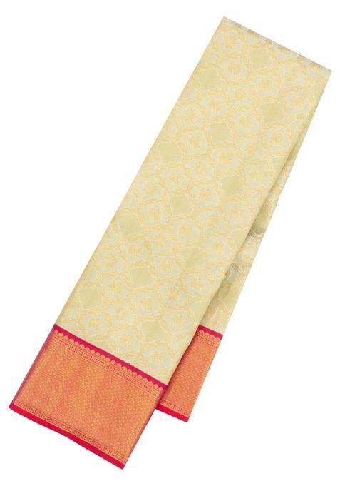 Cream Handloom Korvai Kanchipuram Silk Saree With Floral Zari Motifs With Korvai And Temple Border Design For Women