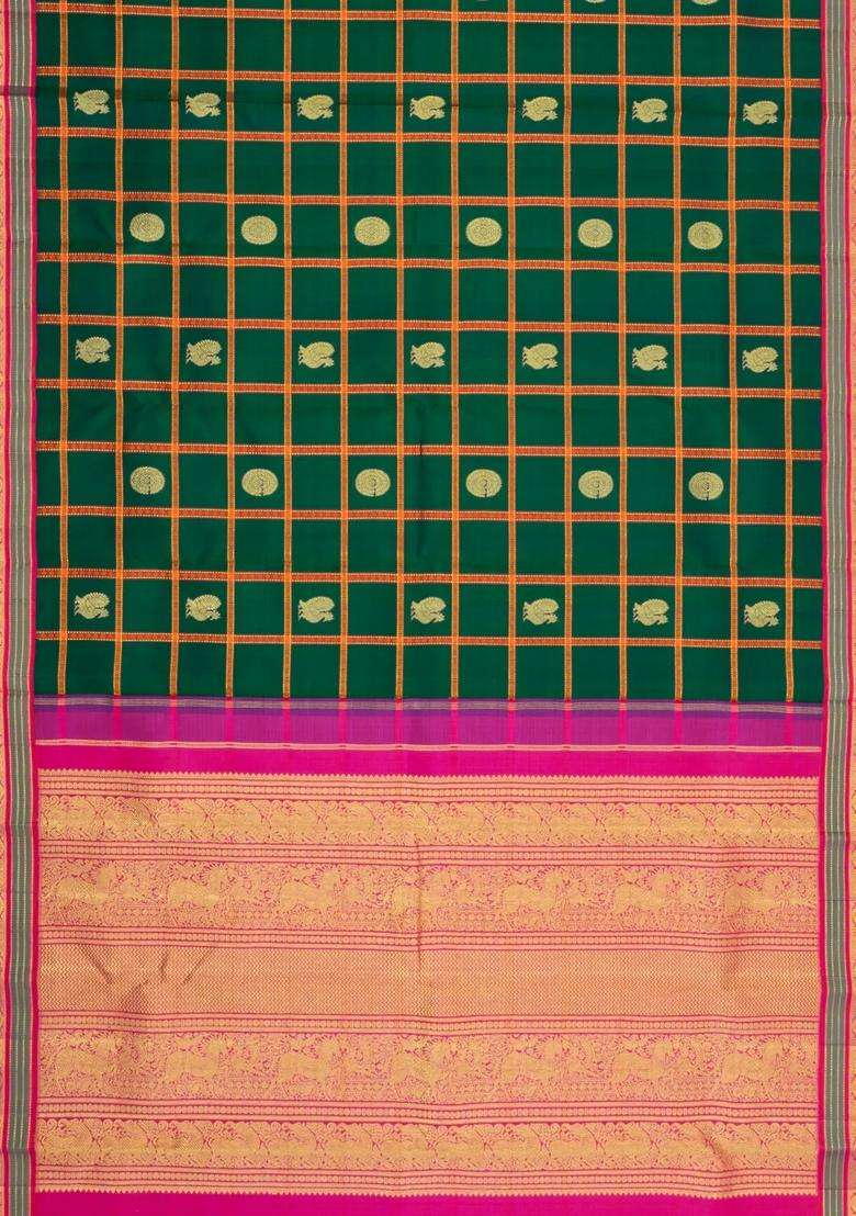 Bottle Green Handloom Korvai Kanchipuram Silk Saree With Checks Buttas With Korvai And Temple Border Design For Women - Indya