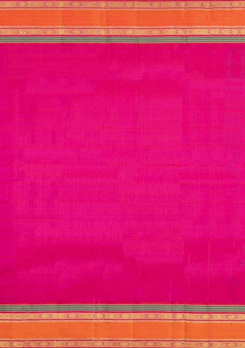 Bottle Green Handloom Korvai Kanchipuram Silk Saree With Checks Buttas With Korvai And Temple Border Design For Women - Indya