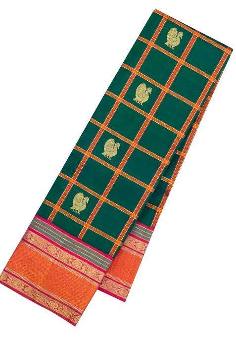 Bottle Green Handloom Korvai Kanchipuram Silk Saree With Checks Buttas With Korvai And Temple Border Design For Women