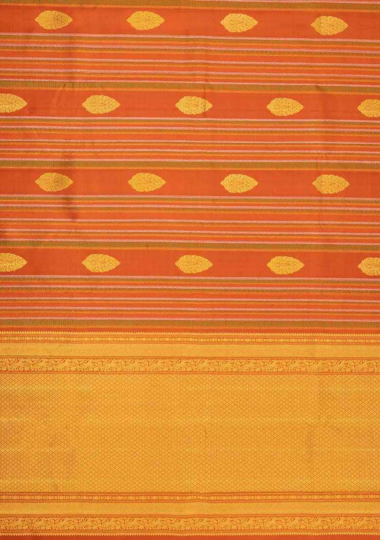 Rust Handloom Kanchipuram Silk Saree With Stripes Buttas With Buttas And Brocade Design For Women - Indya