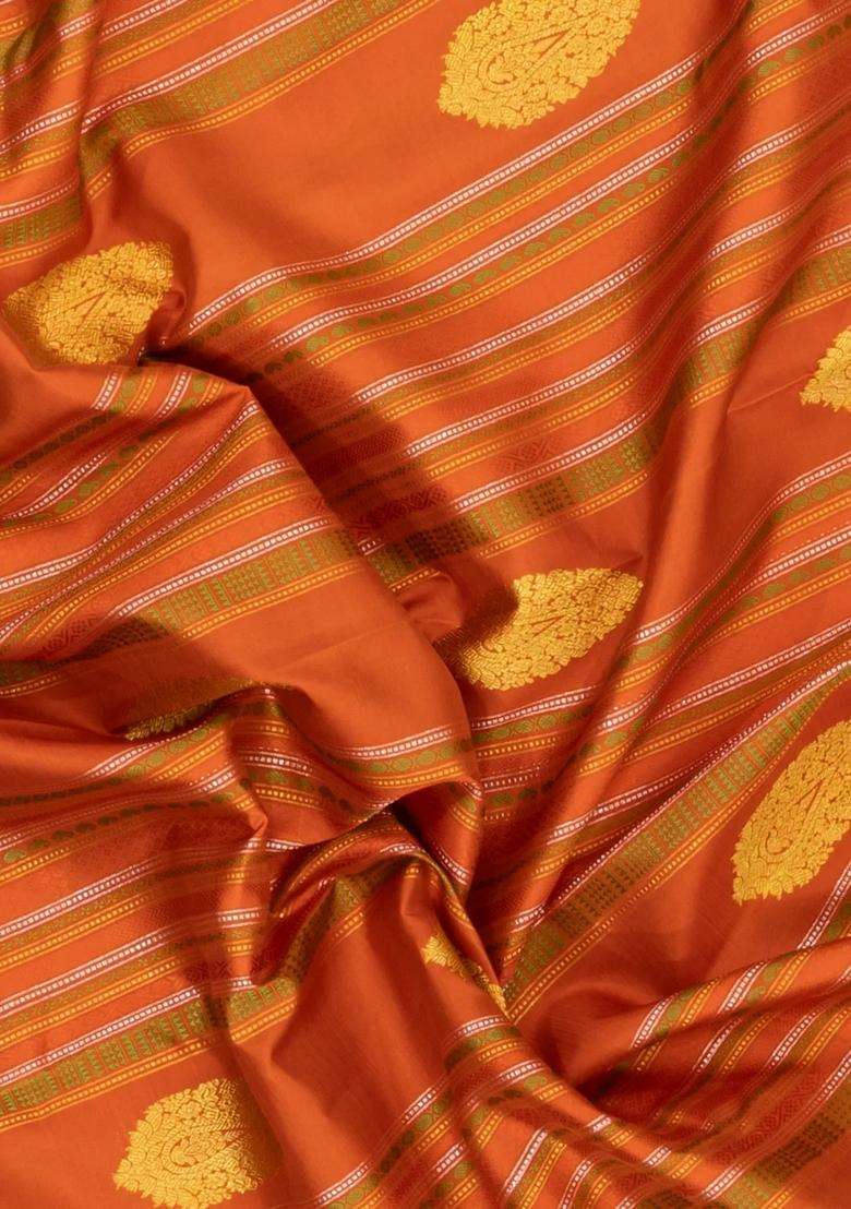Rust Handloom Kanchipuram Silk Saree With Stripes Buttas With Buttas And Brocade Design For Women - Indya