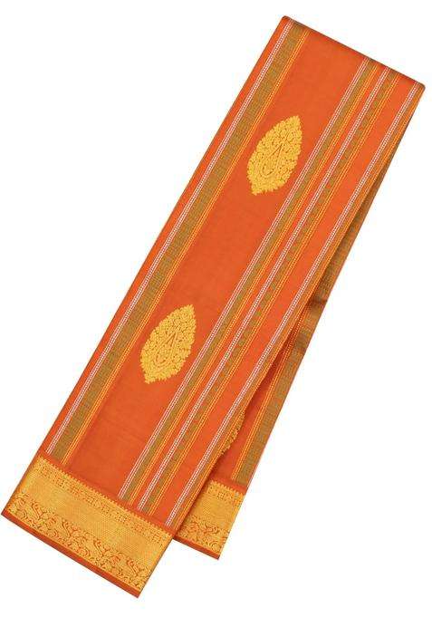 Rust Handloom Kanchipuram Silk Saree With Stripes Buttas With Buttas And Brocade Design For Women