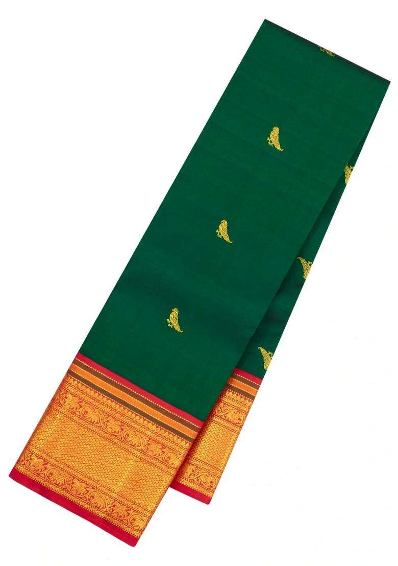 Dark Green Handloom Korvai Kanchipuram Silk Saree With Parrot Buttas With Korvai And Temple Border Design For Women - Indya