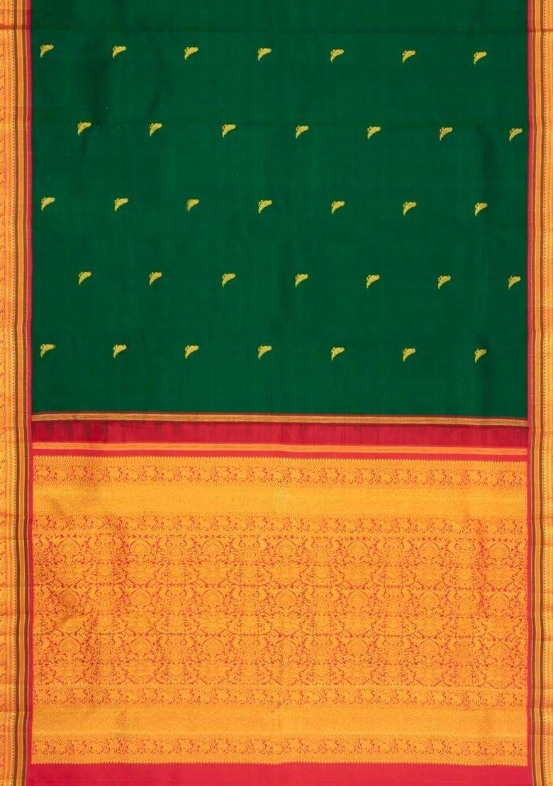 Dark Green Handloom Korvai Kanchipuram Silk Saree With Parrot Buttas With Korvai And Temple Border Design For Women - Indya