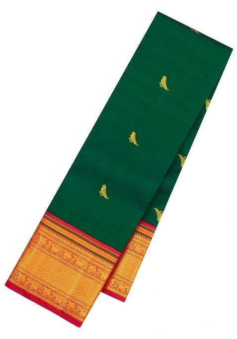 Dark Green Handloom Korvai Kanchipuram Silk Saree With Parrot Buttas With Korvai And Temple Border Design For Women