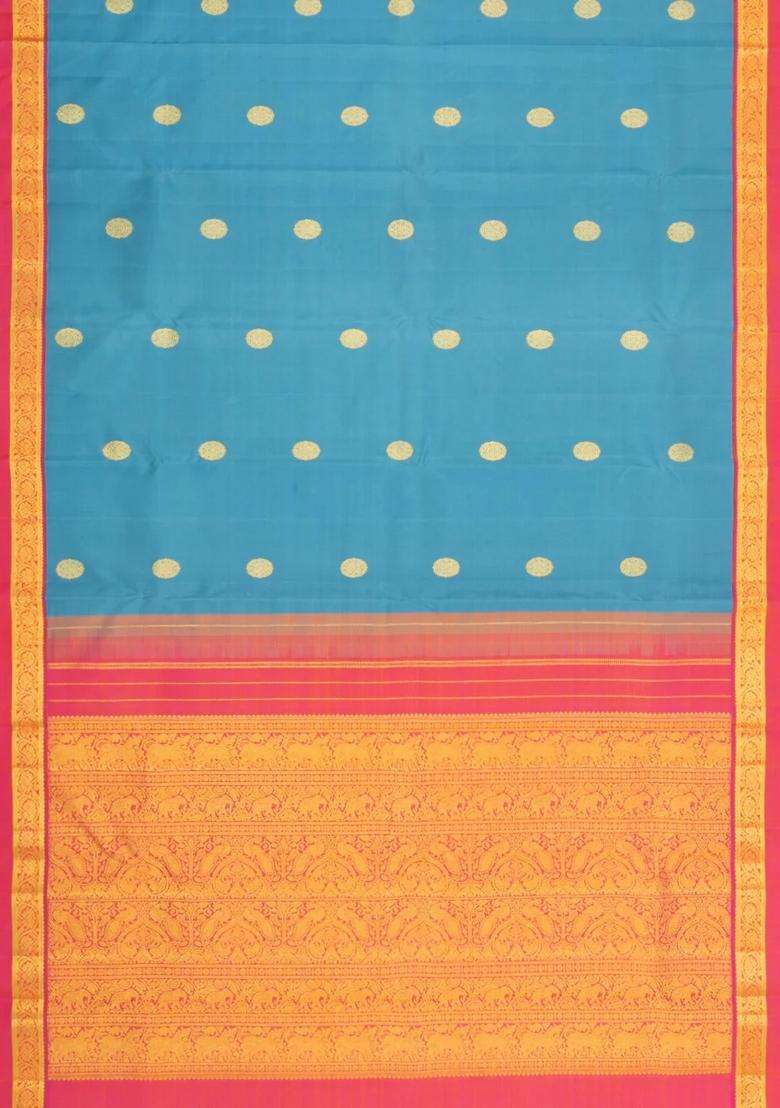 Sky Blue Handloom Korvai Kanchipuram Silk Saree With Zari Buttas With Korvai And Temple Border Design For Women - Indya