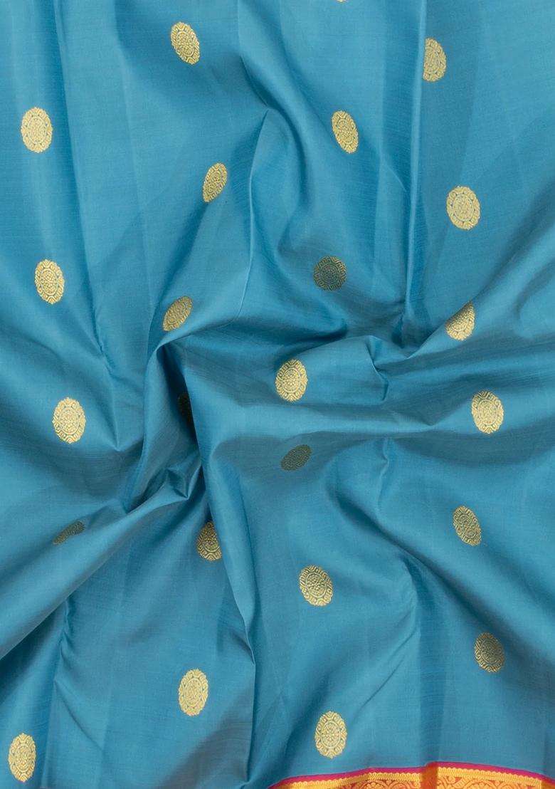 Sky Blue Handloom Korvai Kanchipuram Silk Saree With Zari Buttas With Korvai And Temple Border Design For Women - Indya