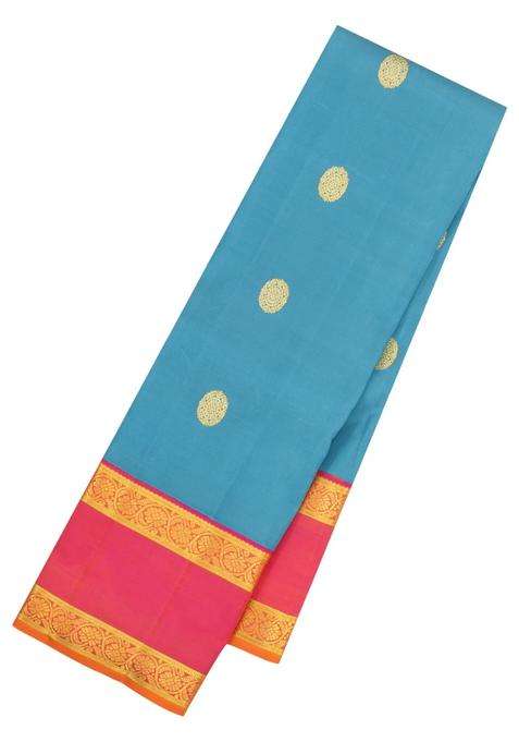 Sky Blue Handloom Korvai Kanchipuram Silk Saree With Zari Buttas With Korvai And Temple Border Design For Women