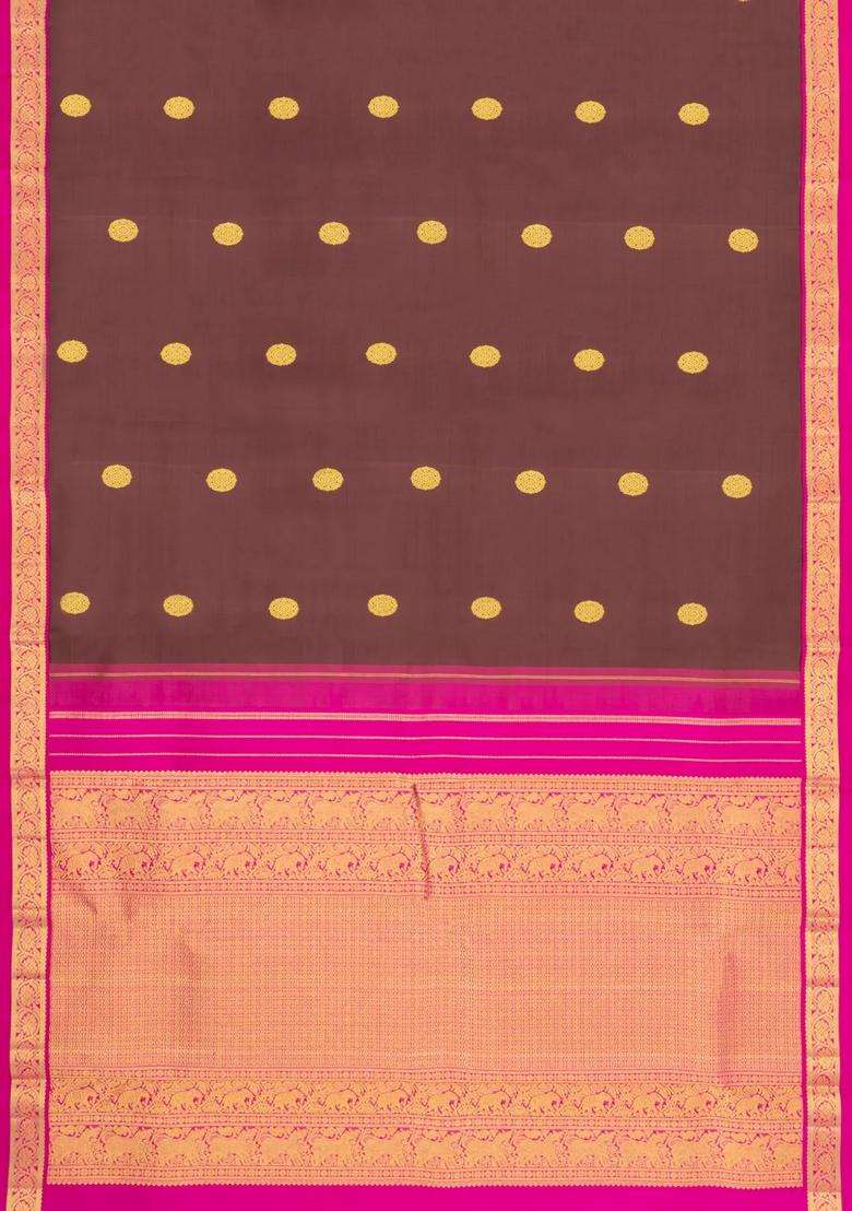 Brown Handloom Korvai Kanchipuram Silk Saree With Zari Buttas With Korvai And Temple Border Design For Women - Indya