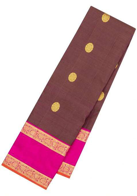 Brown Handloom Korvai Kanchipuram Silk Saree With Zari Buttas With Korvai And Temple Border Design For Women
