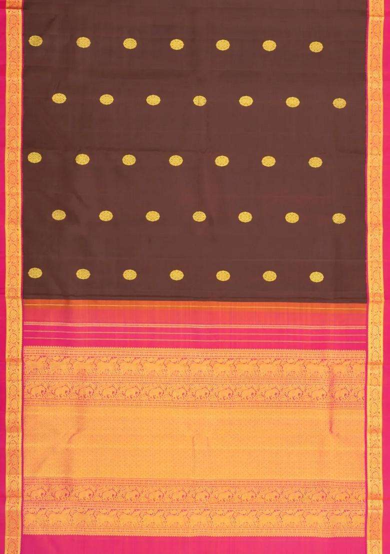 Dark Brown Handloom Korvai Kanchipuram Silk Saree With Zari Buttas With Korvai And Temple Border Design For Women - Indya