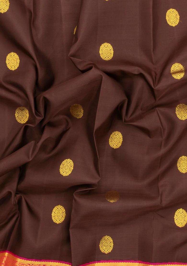 Dark Brown Handloom Korvai Kanchipuram Silk Saree With Zari Buttas With Korvai And Temple Border Design For Women - Indya