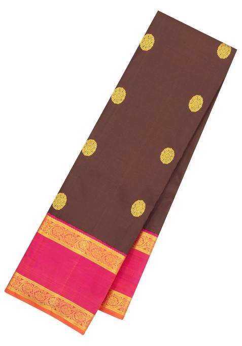Dark Brown Handloom Korvai Kanchipuram Silk Saree With Zari Buttas With Korvai And Temple Border Design For Women
