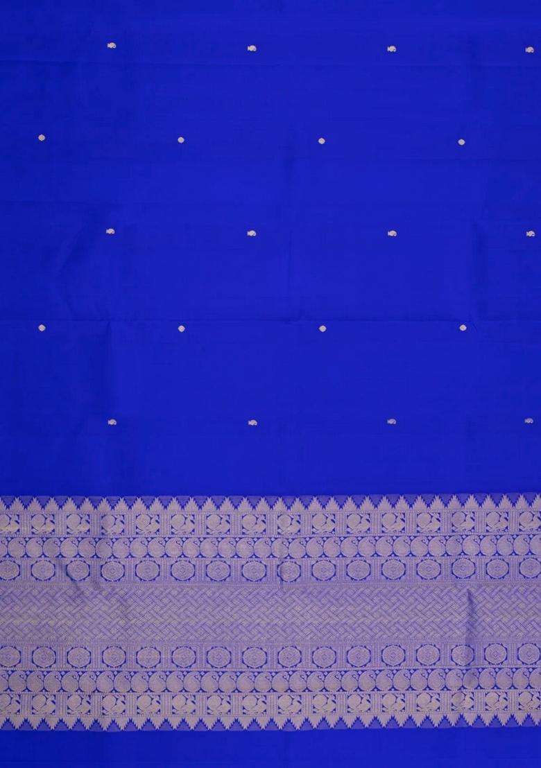Blue Handloom Kanchipuram Silk Saree With Zari Buttas Border With Buttas And Brocade Design For Women - Indya