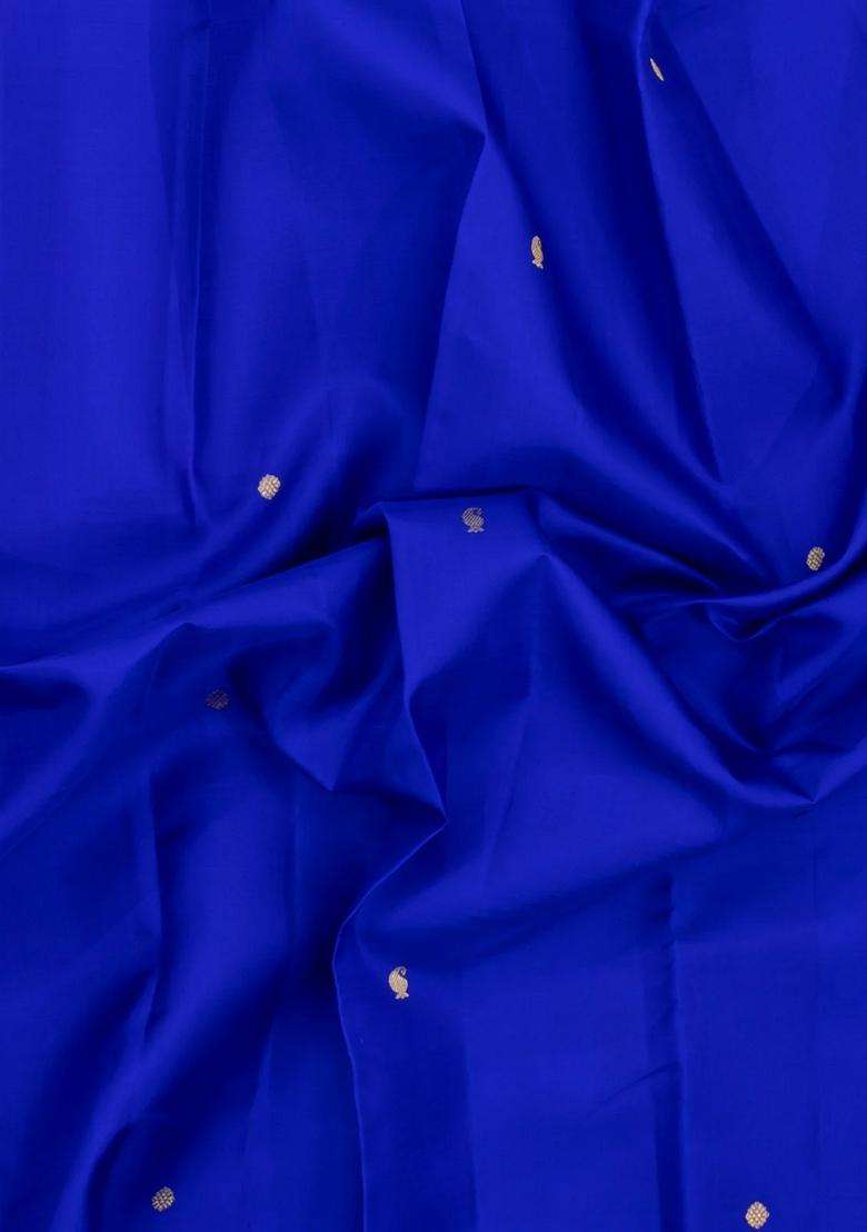 Blue Handloom Kanchipuram Silk Saree With Zari Buttas Border With Buttas And Brocade Design For Women - Indya