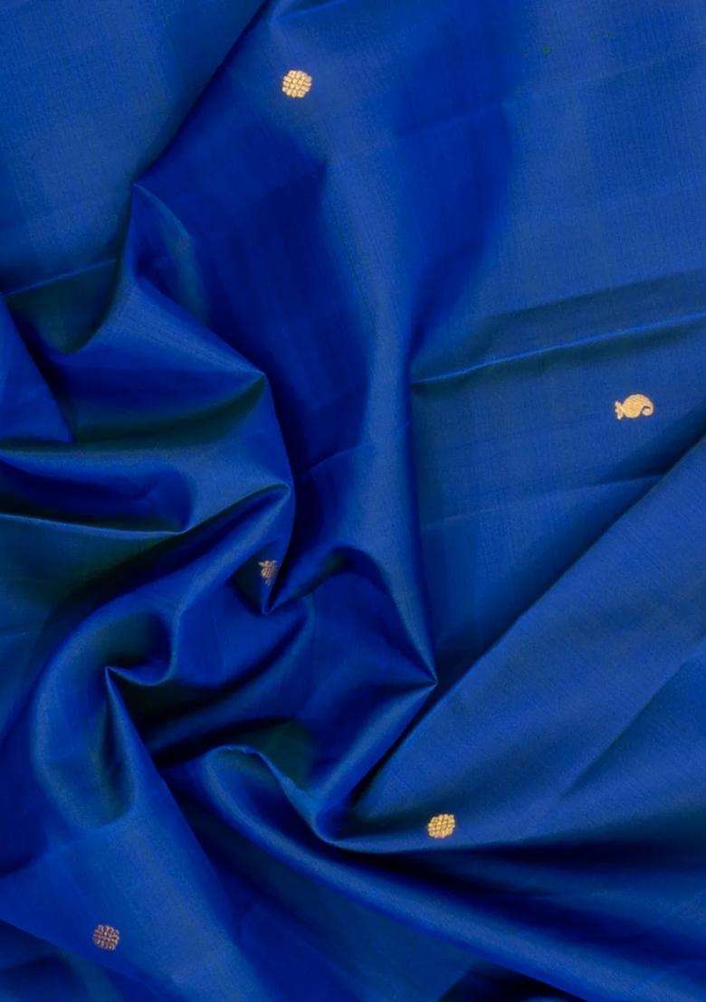 Blue Handloom Kanchipuram Silk Saree With Zari Buttas Border With Buttas And Brocade Design For Women - Indya