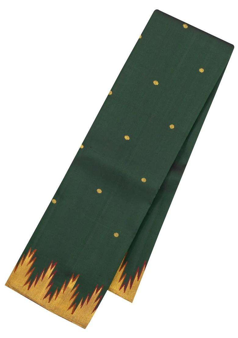 Bottle Green Handloom Kanchipuram Silk Saree With Buttas Temple Border With Korvai And Temple Border Design For Women - Indya