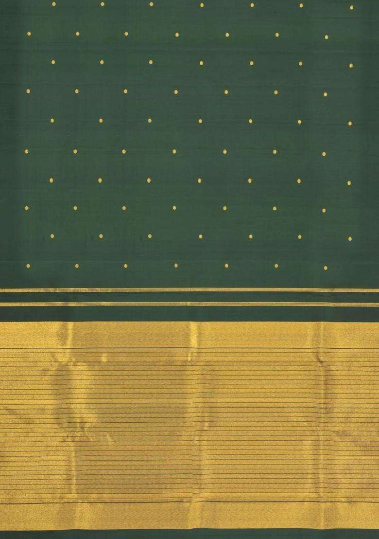 Bottle Green Handloom Kanchipuram Silk Saree With Buttas Temple Border With Korvai And Temple Border Design For Women - Indya