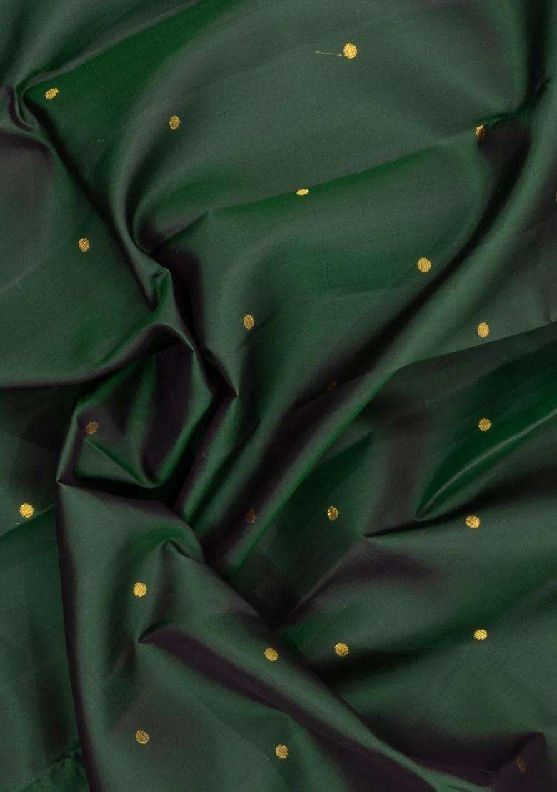 Bottle Green Handloom Kanchipuram Silk Saree With Buttas Temple Border With Korvai And Temple Border Design For Women - Indya