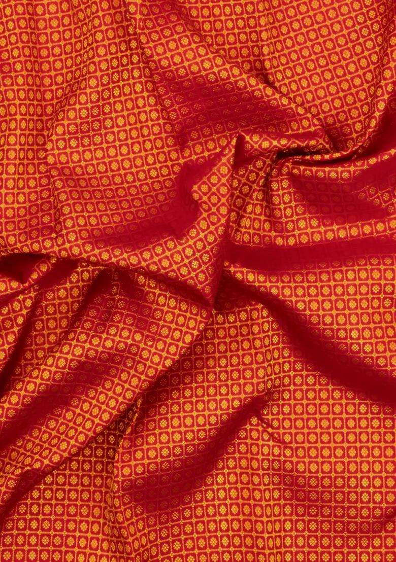 Crimson Handloom Kanchipuram Silk Saree With Kamalam Motifs With Buttas And Brocade Design For Women - Indya