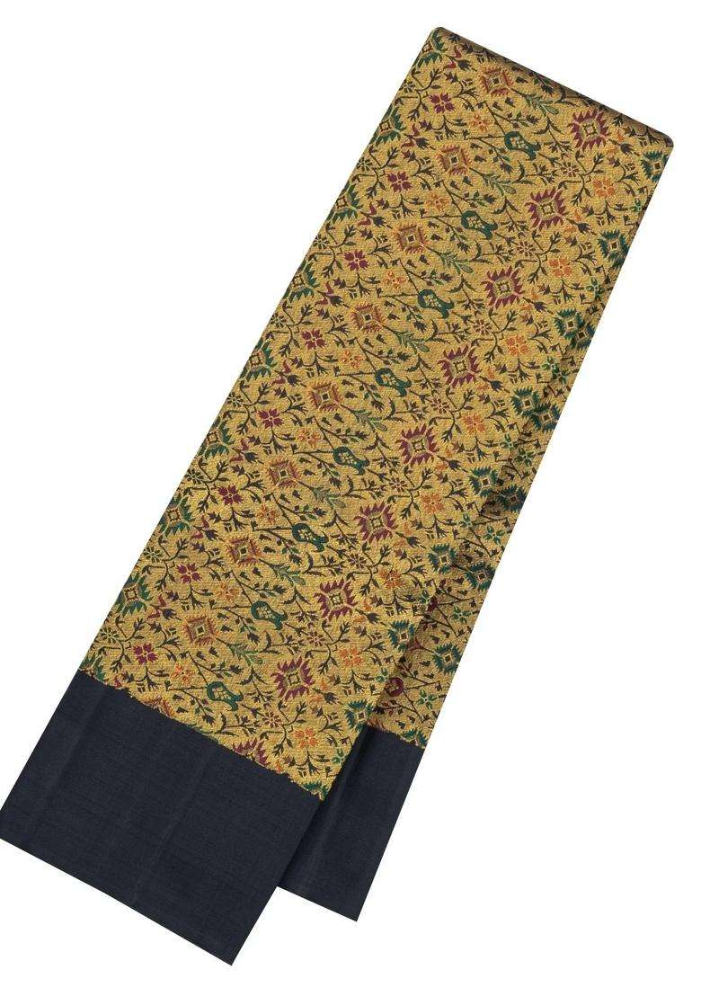 Black Handloom Kanchipuram Silk Saree With Meena Floral Motifs With Buttas And Brocade Design For Women - Indya