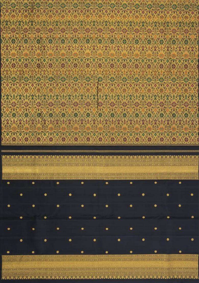 Black Handloom Kanchipuram Silk Saree With Meena Floral Motifs With Buttas And Brocade Design For Women - Indya