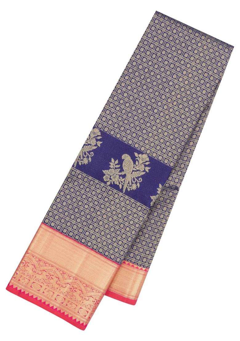 Navy Blue Handloom Kanchipuram Silk Saree With Zari Floral Motifs With Buttas And Brocade Design For Women - Indya