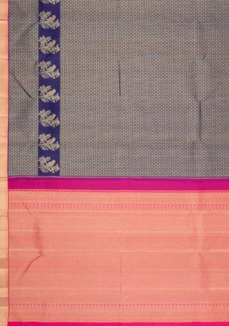 Navy Blue Handloom Kanchipuram Silk Saree With Zari Floral Motifs With Buttas And Brocade Design For Women - Indya
