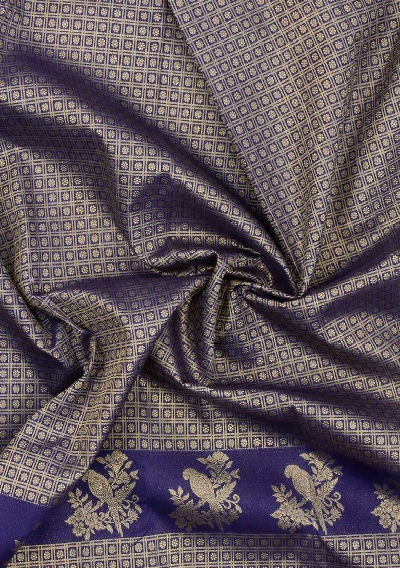 Navy Blue Handloom Kanchipuram Silk Saree With Zari Floral Motifs With Buttas And Brocade Design For Women - Indya