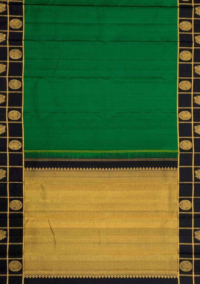 Dark Green Handloom Kanchipuram Silk Saree With Stripes Black Border With Checks And Stripes Design For Women - Indya