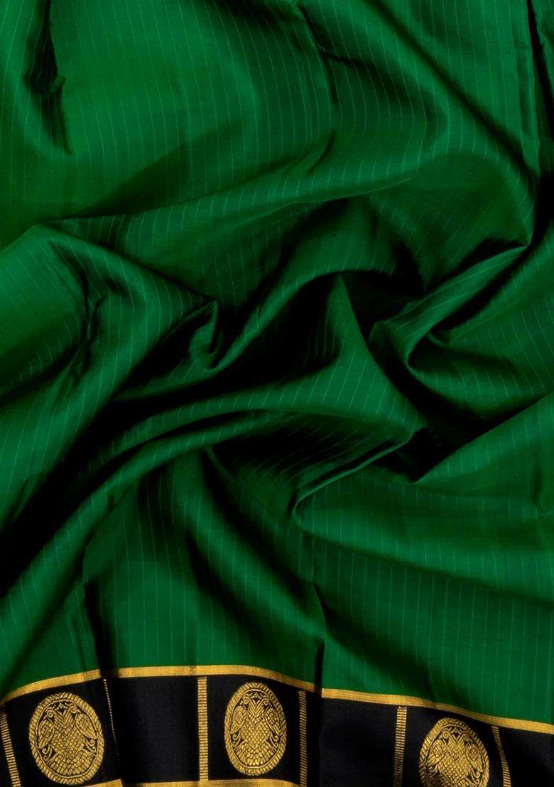 Dark Green Handloom Kanchipuram Silk Saree With Stripes Black Border With Checks And Stripes Design For Women - Indya