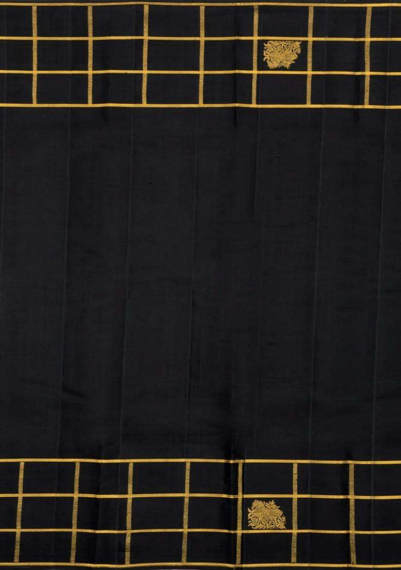 Dark Green Handloom Kanchipuram Silk Saree With Stripes Black Border With Checks And Stripes Design For Women - Indya