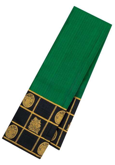 Dark Green Handloom Kanchipuram Silk Saree With Stripes Black Border With Checks And Stripes Design For Women