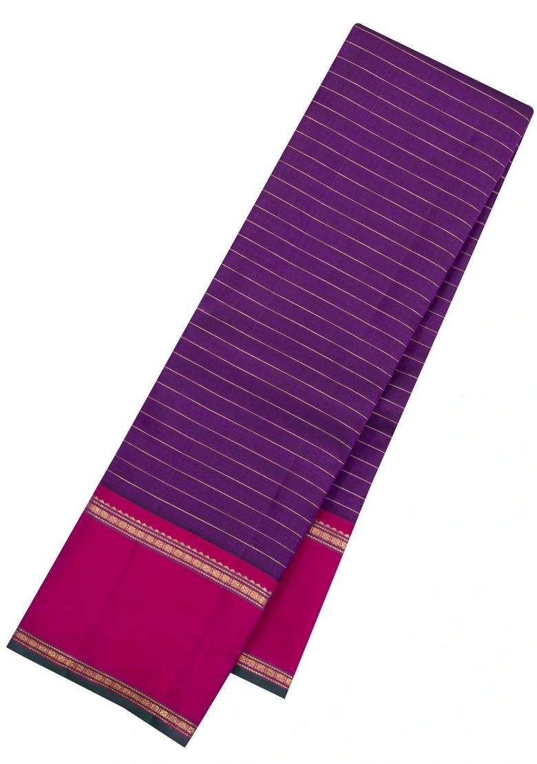 Purple Handloom Kanchipuram Silk Saree With Stripes Contrast Border With Checks And Stripes Design For Women - Indya
