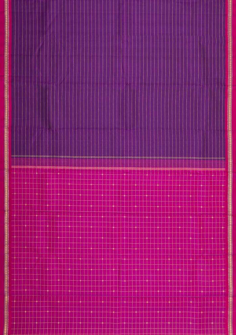 Purple Handloom Kanchipuram Silk Saree With Stripes Contrast Border With Checks And Stripes Design For Women - Indya
