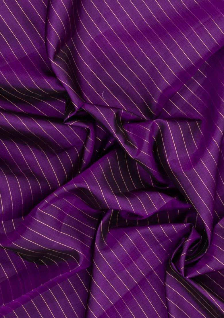 Purple Handloom Kanchipuram Silk Saree With Stripes Contrast Border With Checks And Stripes Design For Women - Indya