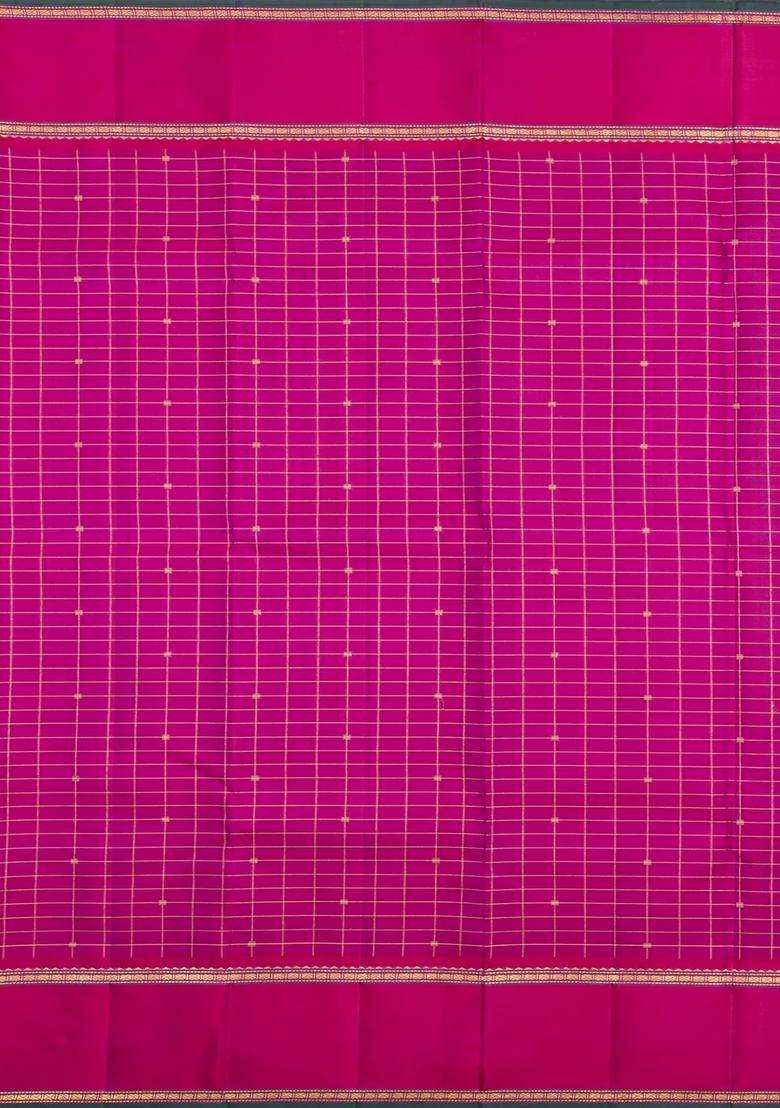 Purple Handloom Kanchipuram Silk Saree With Stripes Contrast Border With Checks And Stripes Design For Women - Indya